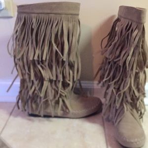 Tan suede fringe boots